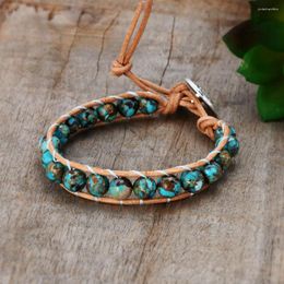 Charm Bracelets 8mm Natural Turquoise Round Beads Handmade Leather Bracelet Bohemia Jewellery Accessories For Women Drop