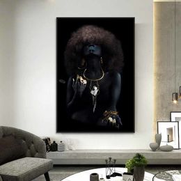 Paintings African Black Woman Canvas Painting Modern Art Posters and Prints Cuadros Fluffy Hair Women Pictures for Living Room Wall 230817