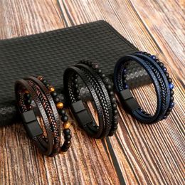 Charm Bracelets Punk Men Beads Leather Bracelet Classic Fashion Tiger Eye Beaded Multi Layer For Jewellery Gift Drop