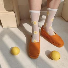 Women Socks Fashion Daisy Thin Flower Long Silk Knee Femme Spring Summer Funny Ankle Streetwear Calcetines Mujer