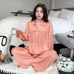 Women's Sleepwear Spring Sexy Lace Applique Satin Lapel Long Sleeve Pullover Pants Loose Soft Nightwear Women Pyjamas Homewear