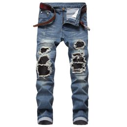 Mens Jeans Streetwear Hole Black Slim Fit Feet Denim Pants Male Leather Elastic Ripped Full Length Large Size 42 230817