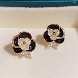 Stud Earrings Camellia Black White Enamel Flower Fairycore Aesthetic Accessories For Sensitive Ears