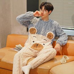 Men's Sleepwear Funny Bear Cartoon Coral Fleece Pyjamas For Men 2023 Winter Pijamas Warm Omewear Tick Flannel Pyjamas Plus Size Mens