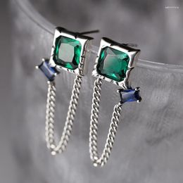 Stud Earrings Industry 925 Silver Sterling Square Green Zircon For Women Earring Jewellery Charms All-Matched With Chain