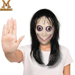 Party Masks Molezu Funny Scary Party Mask Latex Clown Cosplay Full Head Momo Mask Big Eye With Long Wigs Masquerade Halloween Party 230818