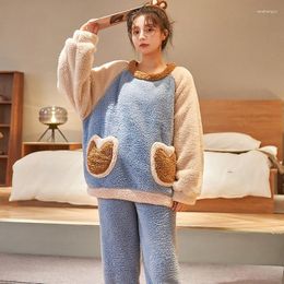 Women's Sleepwear Autumn Winter Elegant Lounge Women Pyjama Set Coral Velvet Thick Warm Two Piece Suit Loose Casual Flannel Daily Home