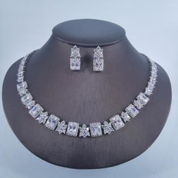 Necklace Earrings Set 2023 Luxury Elegant Square Cyrstal CZ Zircon Earring Wedding Bridel Dinner Banquet Dress Jewellery