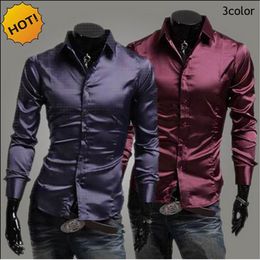 2017 Spring Autumn Emulation Silk shiny leisure men's Long-sleeve Dress shirts Mens silky wine red purple black Tuxedo Sh320s