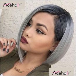 Dantelli peruklar Acehair Ombre 1B Gri Bob Wig 13x4 Kısa Brezilya Siyah Kadın Damla Teslimat Ürünleri için Ön İnsan Saç Remy DHMX1