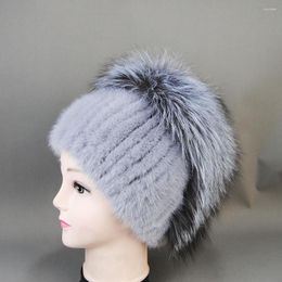 Berets Winter Female Real Natural Hat For Women Thicken Silver Warm Casual High Quality Girl Knitted Bobble Cap