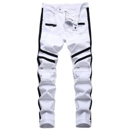 Mens Jeans Punk Men Zipper Hip Hop Slim Fit White Bike Elastic Split Denim Pants Cotton Fashion Casual Jogging Male Clothing 230817
