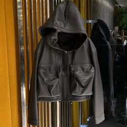 Women's Leather High Quality Genuine Jacket Hooded 2023 Fashion Short Length Women Coat Spring And Autumn Drop-Shoulder Sleeve