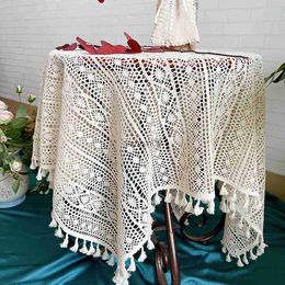 Table Cloth Vintage Knit Hollow Decorative Table Cloth Handmade Crochet Lace Dining Tablecloth Tassel Coffee Table Cover Cloth Home Decor HKD230818