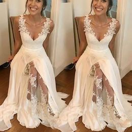 Prom Party Gown Evening Dresses A Line Floor-Length New Girl Applique Custom Plus Size Ivory Formal Tulle Sleeveless V-Neck Satin White Split Front/Side