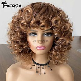 Synthetic Wigs Short Hair Afro Kinky Curly Wigs With Bangs For Black Women Fluffy Synthetic African Ombre Glueless Cosplay Natural Brown Wigs HKD230818