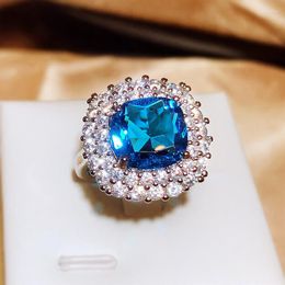 Cluster Rings Exaggerate Elegant Cushion Blue Cubic Zirconia Ring For Woman Silver Color Wedding Anniversary Female Fashion Jewelry