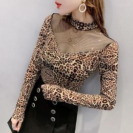 Women's T Shirts 2023 Autumn Winter Women T-Shirt Sexy Mesh Patchwork Shiny Diamonds Black Lace Tops Long Sleeve Leopard Print Tees