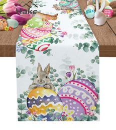 Table Runner Easter Egg Bunny Tulip Spring Flowers Table Runner Wedding Table Decor Tablecloth Holiday Dining Decor Cotton Linen Table Runner 230817