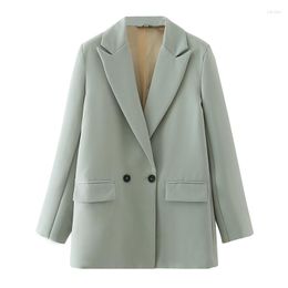 Women's Suits Women Blazer Coat 2023 Elegant Vintage Notched Collar Pocket Jacket Korean Style Loose V-neck Long Sleeve Cardigan Chic Tops