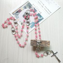 Pendant Necklaces CottvoOur Lady Christ Jesus Medal Crucifix Cross Rosary Necklace Pink Watermelon Stone Beads Chain Prayer Chaplet Jewelry