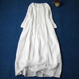 Basic Casual Dresses Summer Cotton Linen Comfy Dress Female Half Sleeve O Neck Loose Maxi Plead Soft Home Long Robe Vestidos 230817