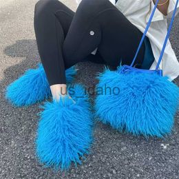 Slippers High Quality Solid Fluffy Mongolian Fur Slides And Mongolian Fur Bucket Bag Set Fashion Winter Slippers For Women Furry Sandals J230818