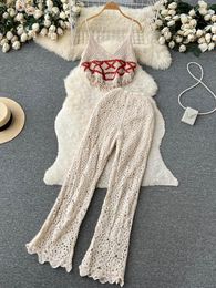 Women's Two Piece Pants YuooMuoo Women Vacation Beach Sets 2023 Arrival Knitted Camis Crop Tops High Waist Long Holiday Suits