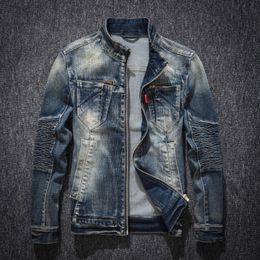 Men's Jackets Spring Autumn Ripped Denim Jacket Men SlimFit Lapel HighQuality Light Blue Coat 230817