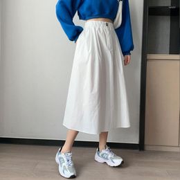 Skirts Women Cotton With Pockets 2023 Spring Autumn Office Ladies Vintage High Waist White Chic Long A-line Skirt