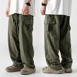 Men's Pants Multi-Pocket Causal Casual Solid Colour Straight Baggy Wide-leg Cropped Men Ankle-length Cargo