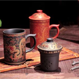 Mugs Handmade Round Heath Purple Clay Teacup With Cover Puer Philtre Tea Cup Office Water Mug Gift Travel Kung Fu Drinkware 230817