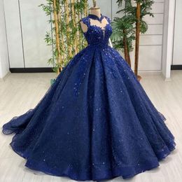 Gorgeous Lace Formal Evening Dresses Navy Blue Princess Ball Gown applique Lace Beading High Collar Cap Sleeves Women Prom Pageant Gowns