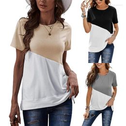 Women's T Shirts 50JB Short Sleeve Loose Tunic Top Colorblock Patchwork Side Split T-Shirt For Women