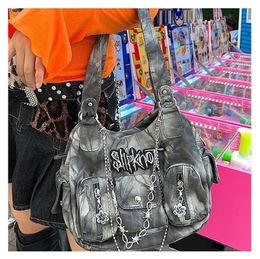 Evening Bags Womens Grey Y2k Shoulder Luxury Designer Gothic Tote Bag Motor Style Girls Chain Punk Handbag MultiPocket Harajuku 230817