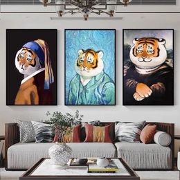 Cartoon Art Canvas Painting Van Gogh and Mona Lisa Funny Tiger Head Posters Prints Wall Art Picture for Living Room Bedroom Home Decor Wo6