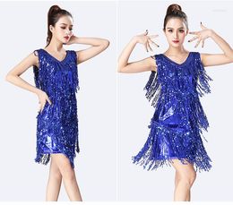 Stage Wear Ladies V-neck Sleeveless Shiny Sequins Tassel Ballroom Samba Tango Latin Dance Dress Women Race Costume