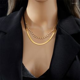 Pendant Necklaces Minar Delicate 18K Gold PVD Plated Titanium Steel Double Layered Pearl Tassel Wide Flat Herribone Choker Necklace For