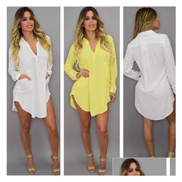 Basic Casual Dresses Summer Sexy V Neck Short Beach Dress Chiffon White Mini Loose T Shirt Plus Size Women Clothing Drop Delivery Dhop1