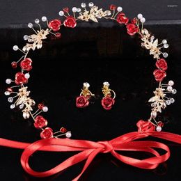 Necklace Earrings Set Headdress Head Piece Crown Wedding Jewelry Bridesmaid Headband With Ribbon Bride Hairband Earring Red Crystal Pearl
