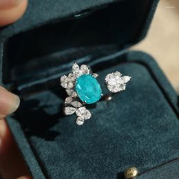 Cluster Rings 925 Silver Luxury Paraiba Gemstone Ring High Quality Opening Flower Women's Party Engagement Gift Wholesale