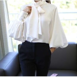 Women's Blouses Shirts Pure White Bow Tie Blouse Chiffon Women Office Lantern Sleeve Femininas Formal Ladies Tops