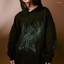 Women's Hoodies Y2k Cross Wing Rhinestone Print Hoodie 00s Vintage Gothic Long Sleeve Graph O-neck Sweatshirts Autumn Women Aesthetic