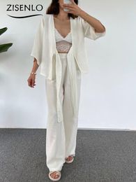 Womens Two Piece Pants Elegant Sets Summer Fashion Casual Loose Set Solid Colour Laced Seven Point Sleeve Cardigan for Women 230817