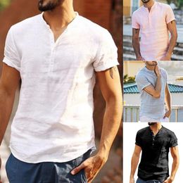 Men's Casual Shirts 2023 Mens Wear Stand Up Collar Solid Colour Loose Short Sleeve Shirt For Men