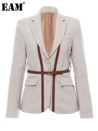 Womens Suits Blazers EAM Women Split Pu Leather Brief Short Blazer Lapel Long Sleeve Loose Fit Jacket Fashion Spring Autumn 1K458 230817