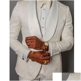 Men'S Suits Blazers Mens Style Groomsmen Ivory Pattern Groom Tuxedos Shawl Satin Lapel Men 2 Pieces Wedding Man Jacket Pants Tie D Dhglf