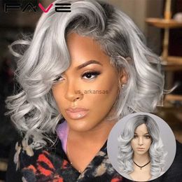 Synthetic Wigs FAVE Side Part Lace Wigs Ombre Black Gray Loose Wave Curly Synthetic T Part Lace Bob Wave Wig For Woman Heat Resistant Weave HKD230818