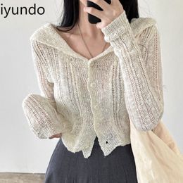 Womens Knits Tees Iyundo Chic Women Sweater Navy Collar Solid Hollow Out Long Sleeve Cardigans Korean Fashion Vintage Cardigan Spring Female Tops 230818