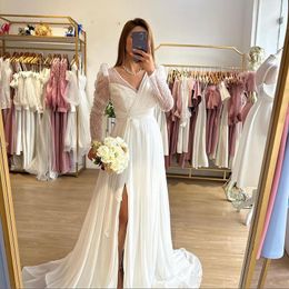 Chic Chiffon Side Split A Line Wedding Dresses V Neck Sequined Top Boho Bridal Gown Draped Summer Robe De Mariee